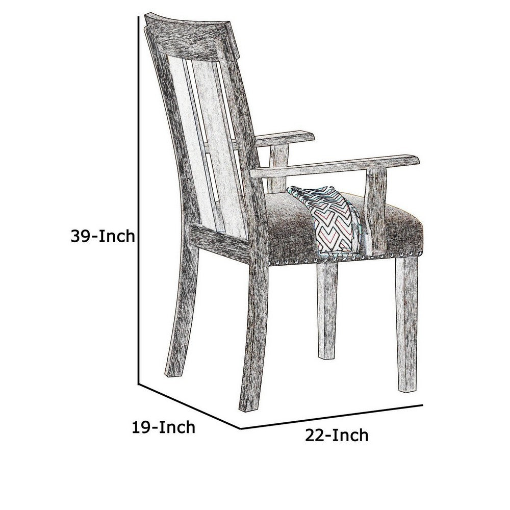 Wood and Fabric Dining Side Armchairs, Set of 2, Nail Head Trim, Beige and Brown - BM218604