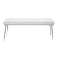 Metal and Faux Leather Bench with Vertical Chanel Tufts, White and Chrome - BM218613