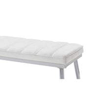 Metal and Faux Leather Bench with Vertical Chanel Tufts, White and Chrome - BM218613