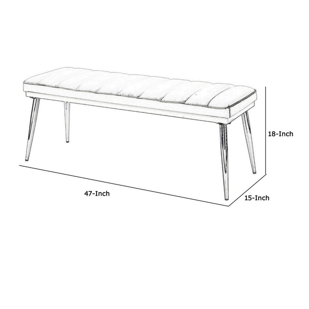 Metal and Faux Leather Bench with Vertical Chanel Tufts, White and Chrome - BM218613