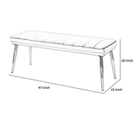 Metal and Faux Leather Bench with Vertical Chanel Tufts, White and Chrome - BM218613