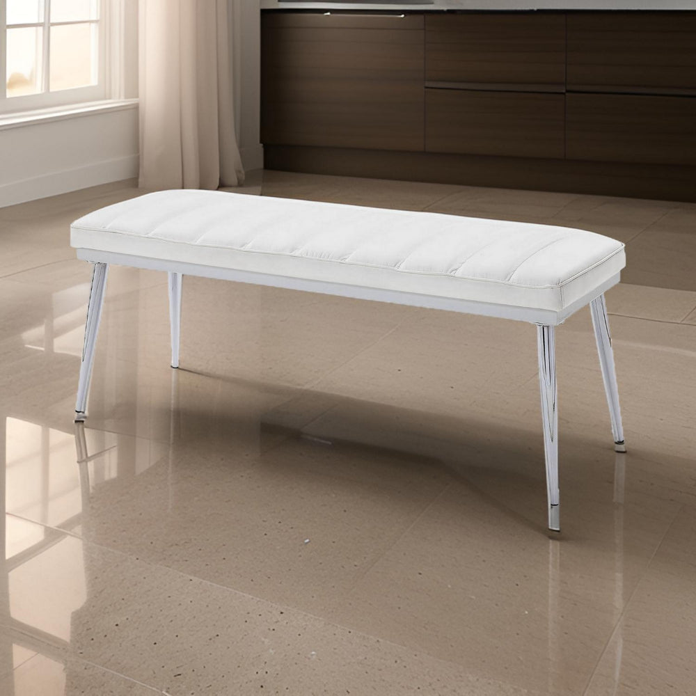 Metal and Faux Leather Bench with Vertical Chanel Tufts, White and Chrome - BM218613