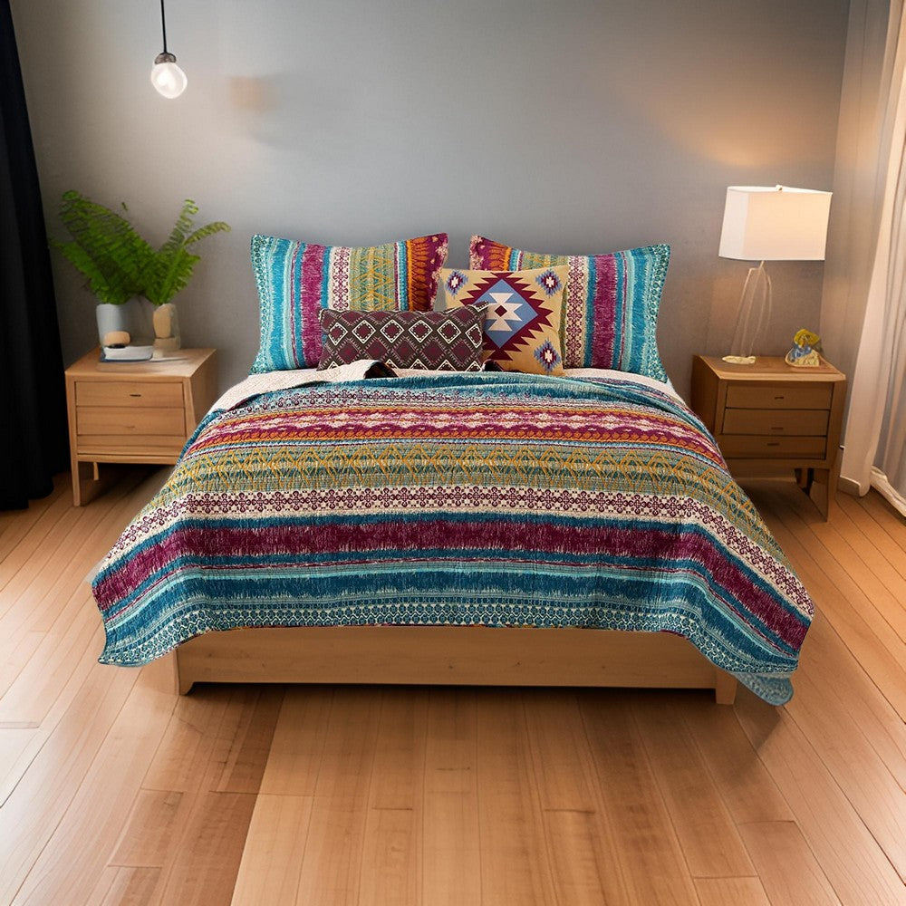 Tribal Print King Quilt Set with Decorative Pillows, Multicolor - BM218794