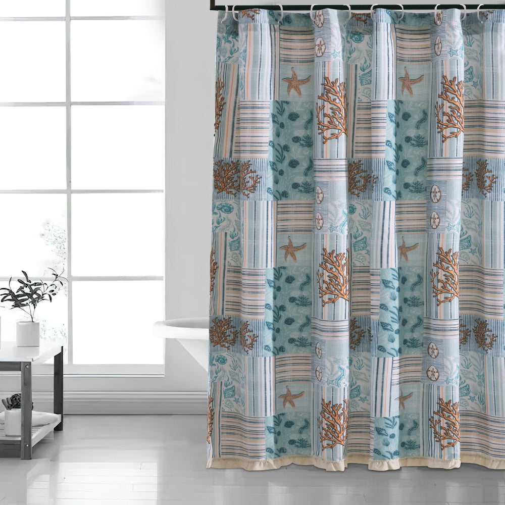 Sea Life Print Shower Curtain with Button holes, Blue and Brown - BM218852