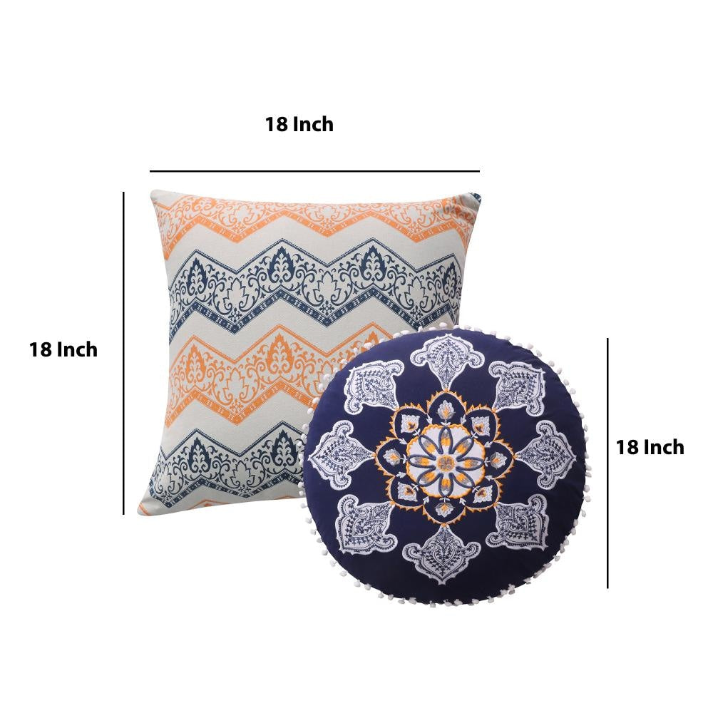 2 Piece Decorative Accent Throw Pillow Set, Embroidery, Cotton, Saffron Orange, Blue By Casagear Home