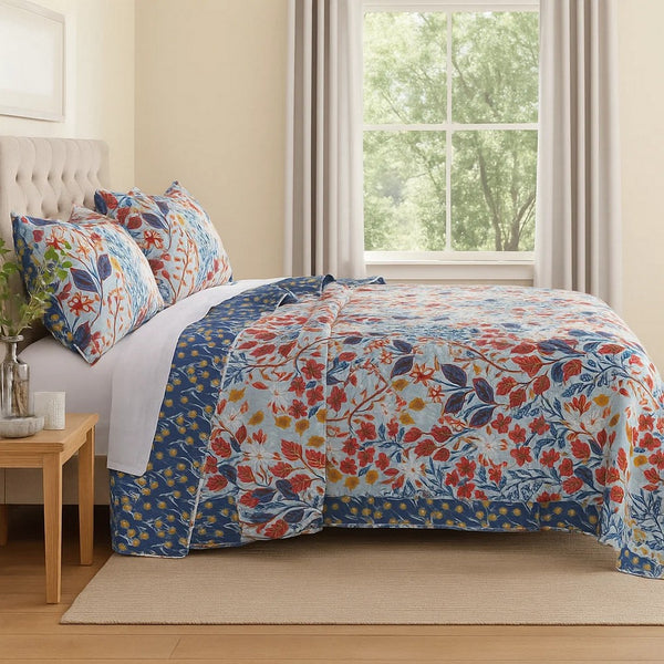 Full Size 3 Piece Polyester Quilt Set with Floral Prints, Multicolor - BM218896