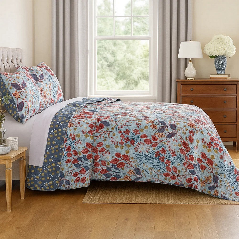 Full Size 3 Piece Polyester Quilt Set with Floral Prints, Multicolor - BM218896