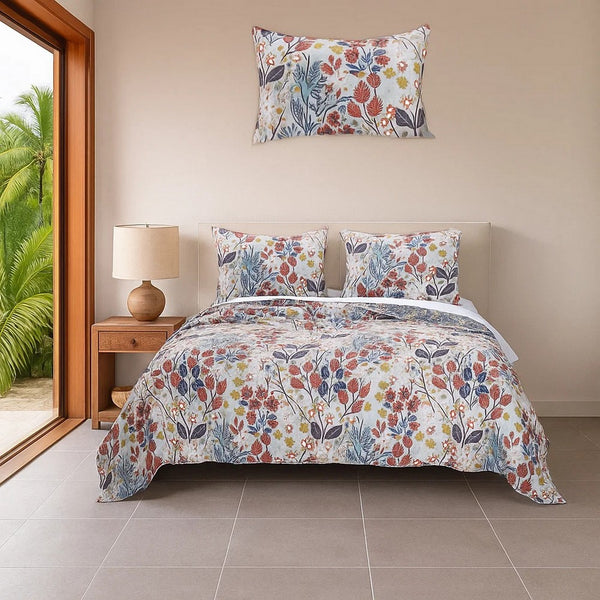 King Size 3 Piece Polyester Quilt Set with Floral Prints, Multicolor - BM218897