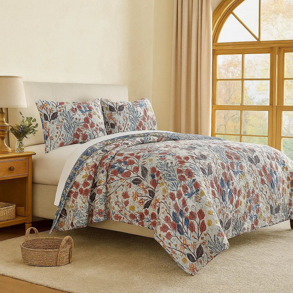 King Size 3 Piece Polyester Quilt Set with Floral Prints, Multicolor - BM218897