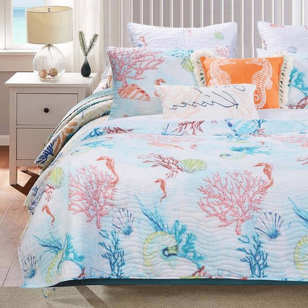 King Size 3 Piece Polyester Quilt Set with Coral Prints, Multicolor - BM218931