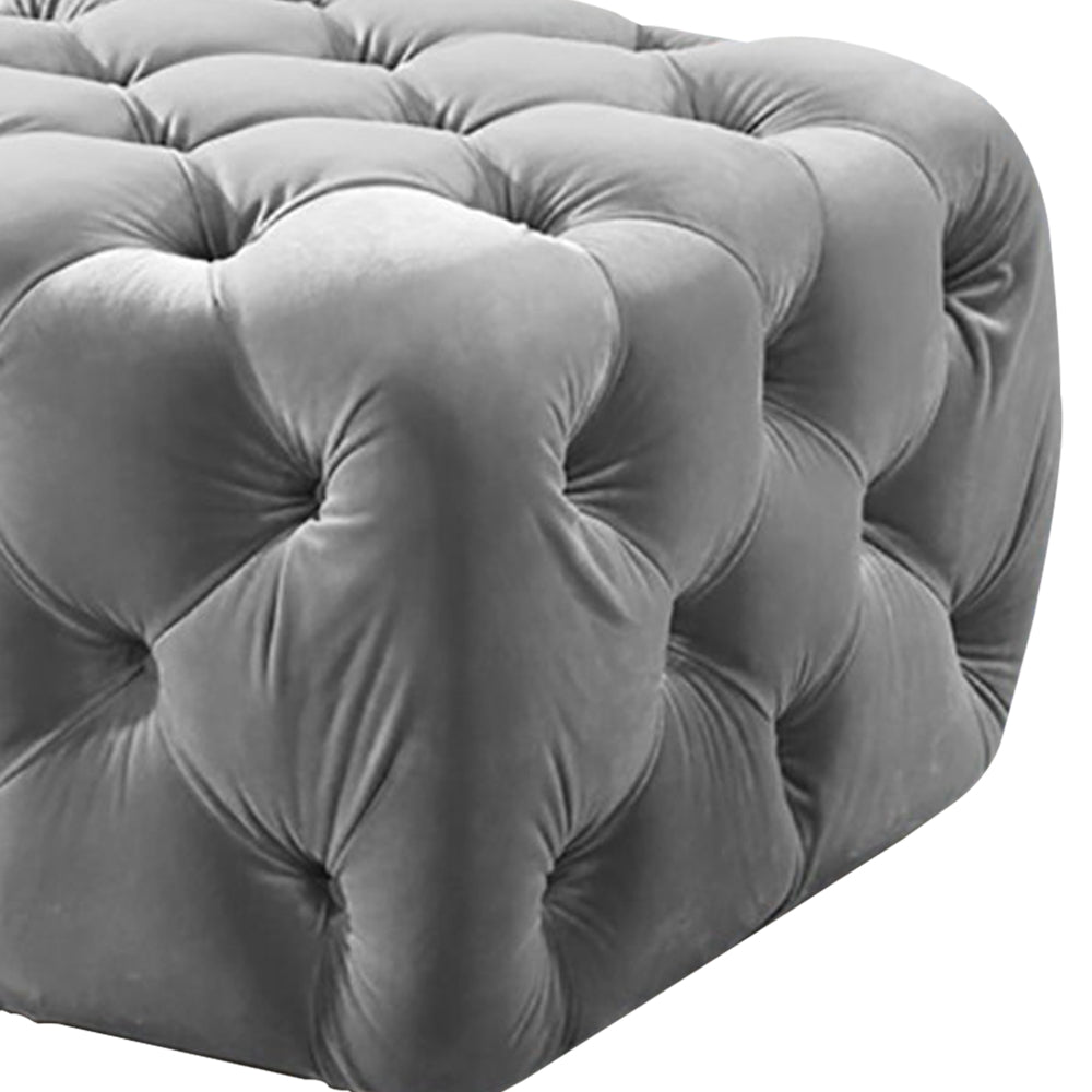 Button Tufted Velvet Fabric Upholstered Wooden Ottoman, Gray - BM218952