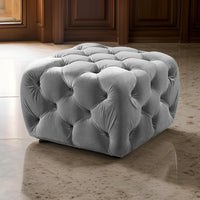 Button Tufted Velvet Fabric Upholstered Wooden Ottoman, Gray - BM218952