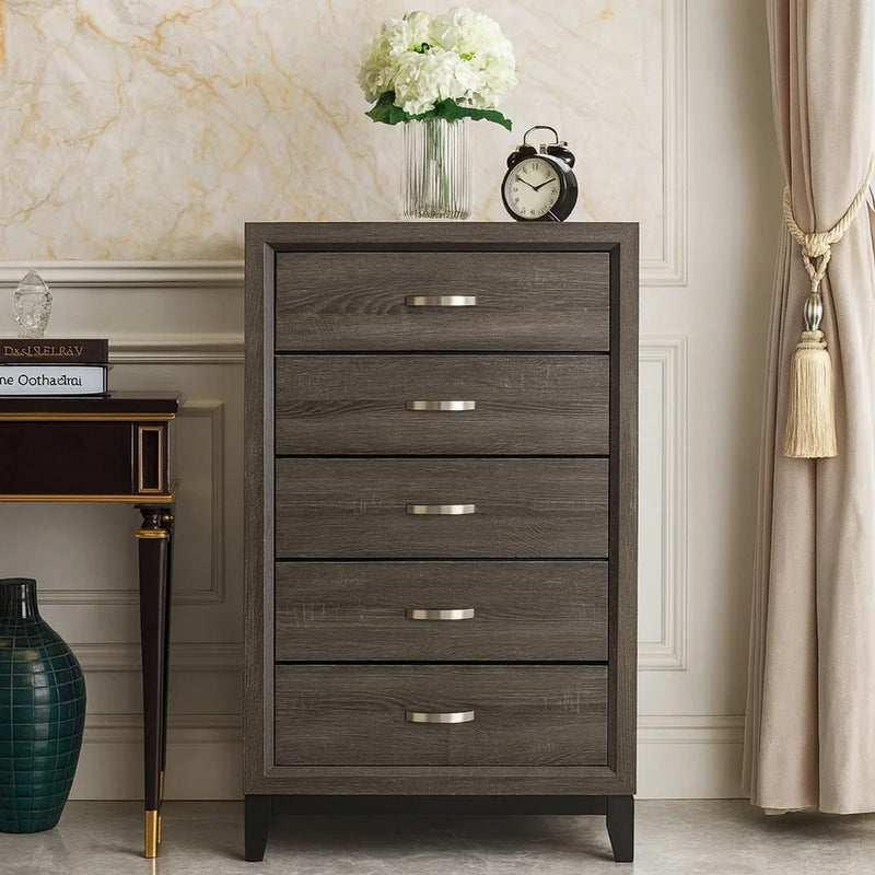 5 Drawer Wooden Chest with Grain Details and Chamfered Feet, Gray - BM219006