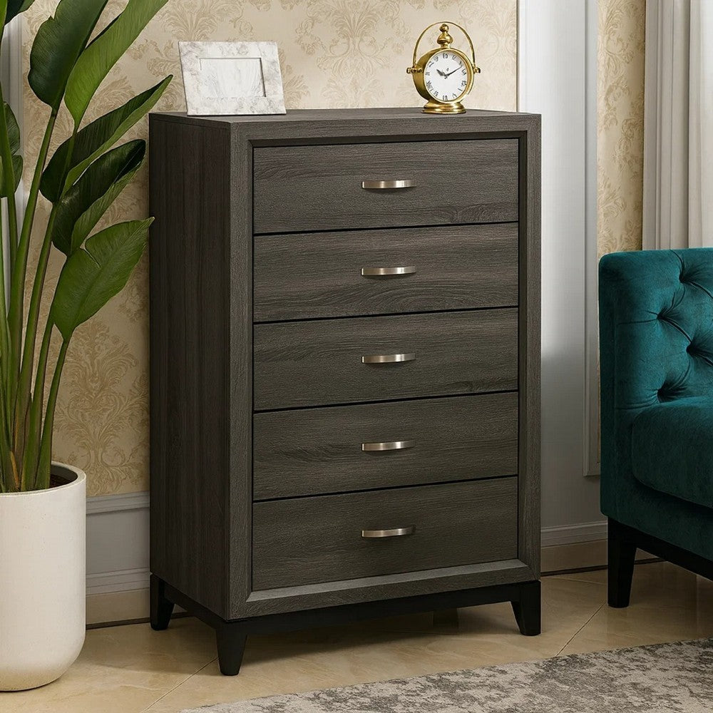 5 Drawer Wooden Chest with Grain Details and Chamfered Feet, Gray - BM219006