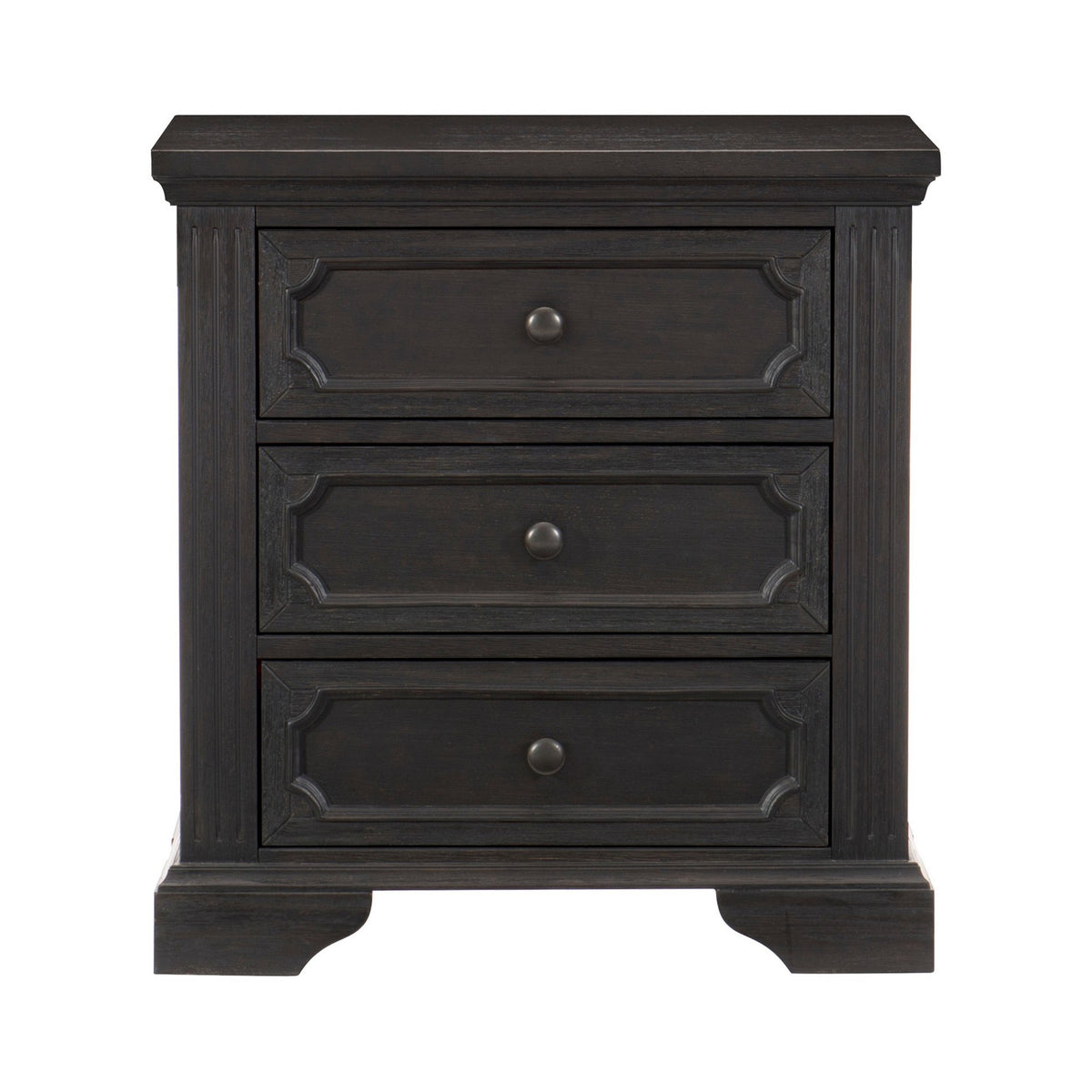 3 Drawer Wooden Nightstand with Round Knobs and Bracket Feet, Brown - BM219010
