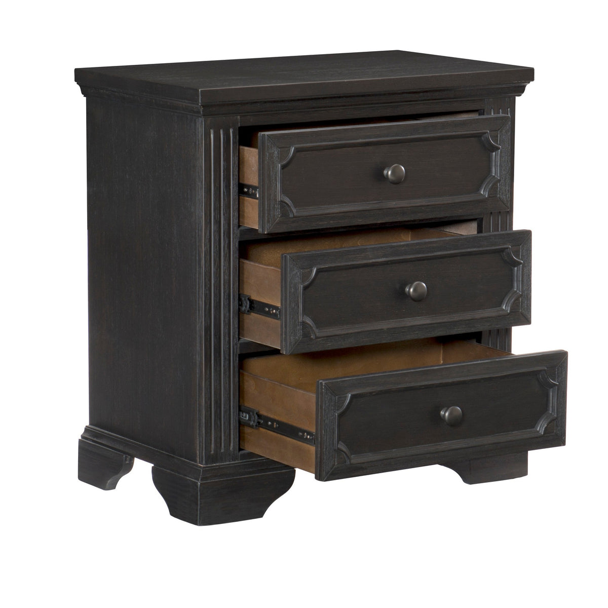 3 Drawer Wooden Nightstand with Round Knobs and Bracket Feet, Brown - BM219010