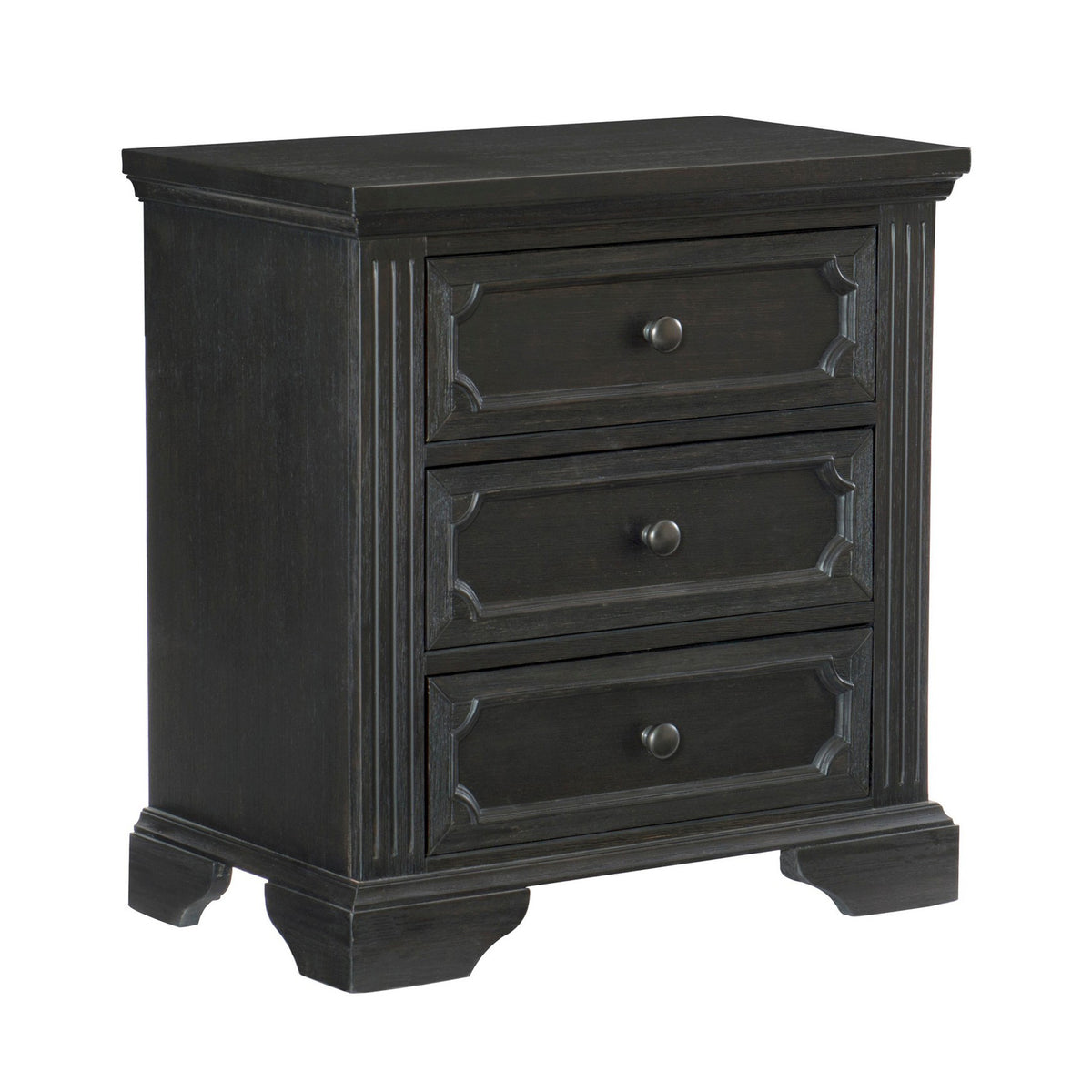 3 Drawer Wooden Nightstand with Round Knobs and Bracket Feet, Brown - BM219010