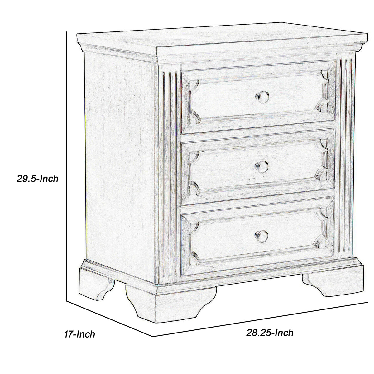3 Drawer Wooden Nightstand with Round Knobs and Bracket Feet, Brown - BM219010