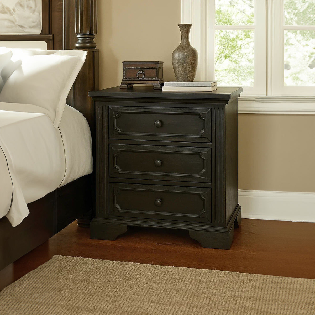 3 Drawer Wooden Nightstand with Round Knobs and Bracket Feet, Brown - BM219010