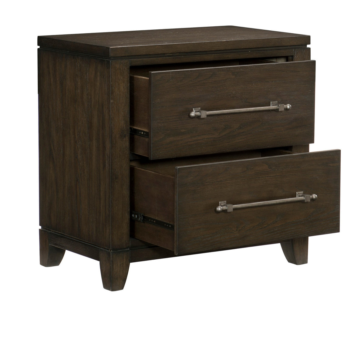 2 Drawer Nightstand with Grain Details and Chamfered Feet, Dark Brown - BM219023