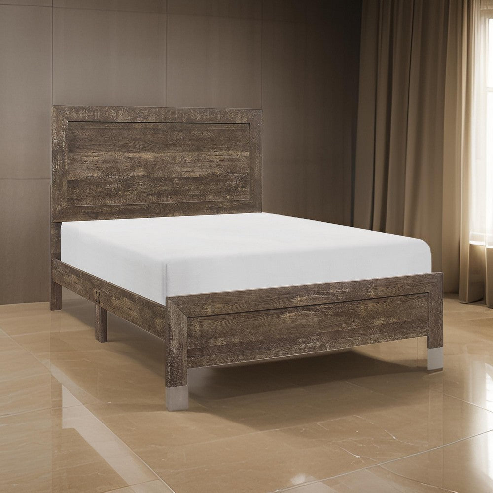 Rustic Panel Design Wooden Queen Size Bed with Block Legs Support, Brown - BM219066