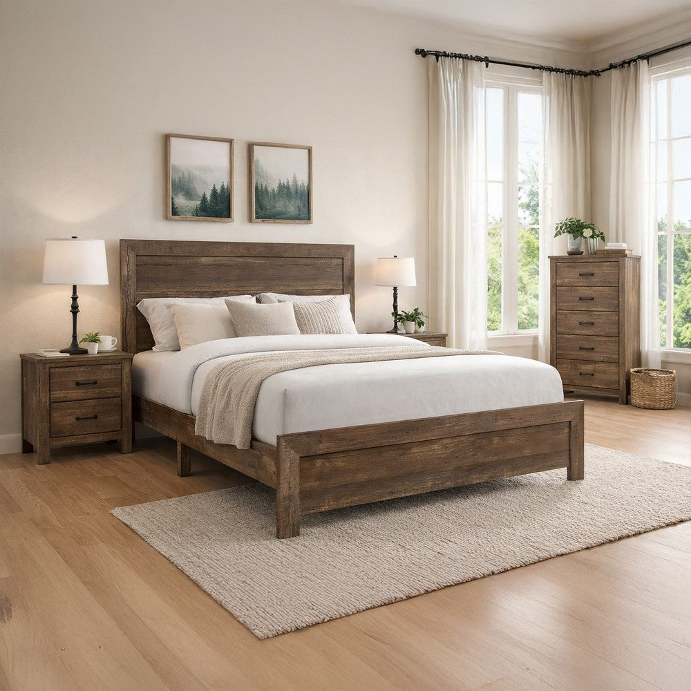 Rustic Panel Design Wooden Queen Size Bed with Block Legs Support, Brown - BM219066