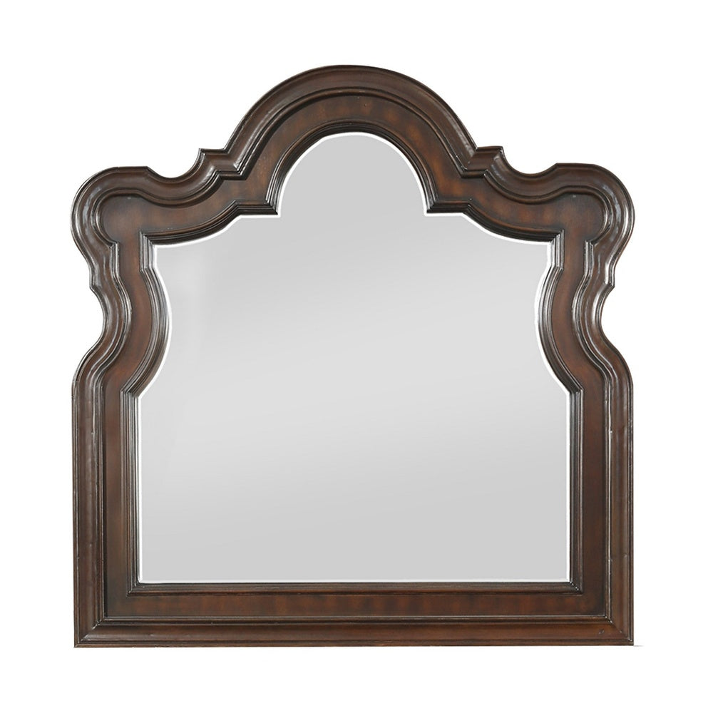 Scalloped Design Wooden Frame Mirror with Molded Details, Brown and Silver  - BM219069
