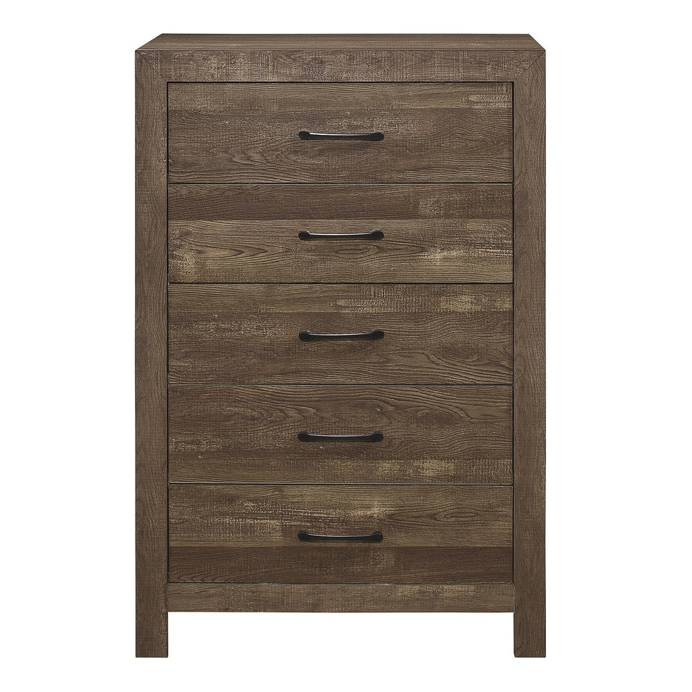 5 Drawer Rustic Wooden Chest with Block Legs Support, Brown  - BM219070
