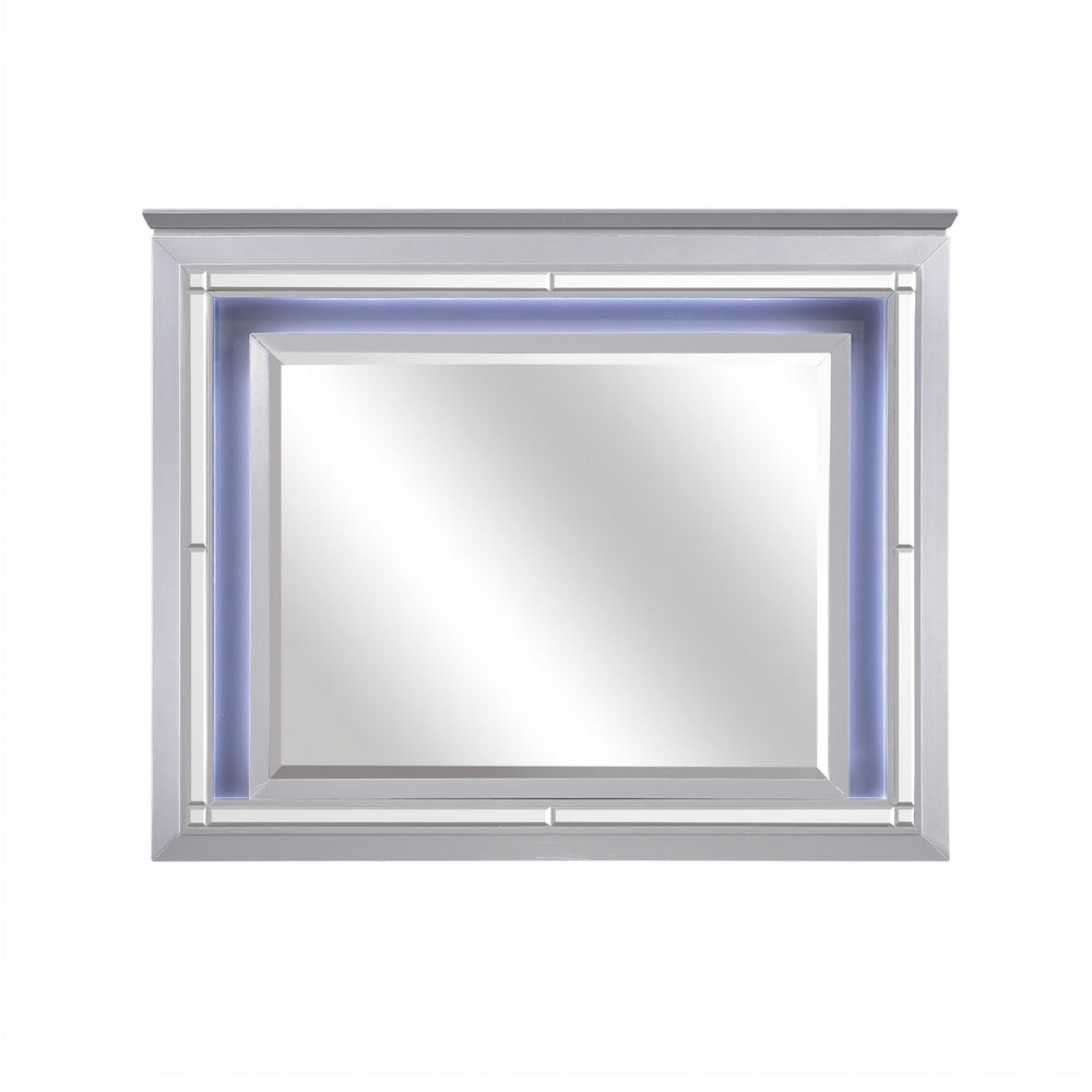 Contemporary Style Beveled Edge Mirror with LED Light, Silver  - BM219077