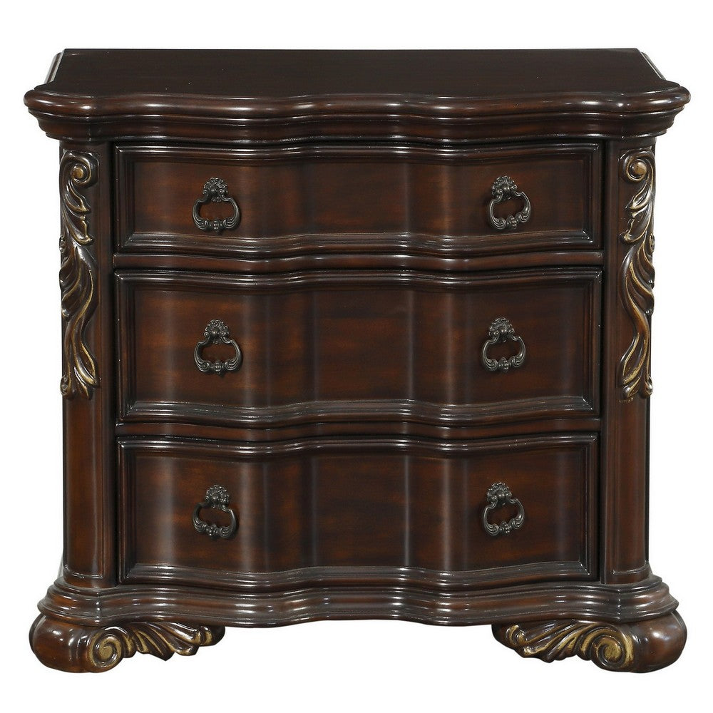 3 Drawer Nightstand with Carved Pilaster and Bracket Feet, Cherry Brown - BM219079