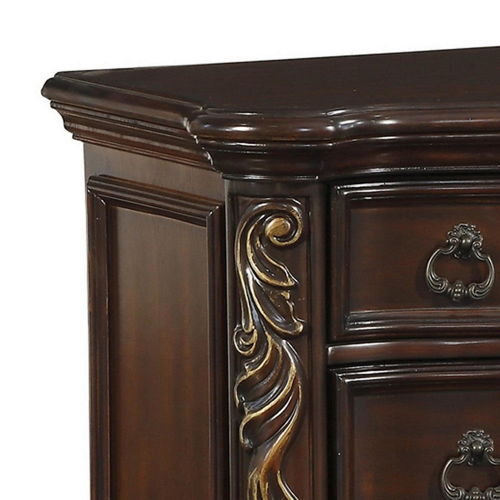 3 Drawer Nightstand with Carved Pilaster and Bracket Feet, Cherry Brown - BM219079