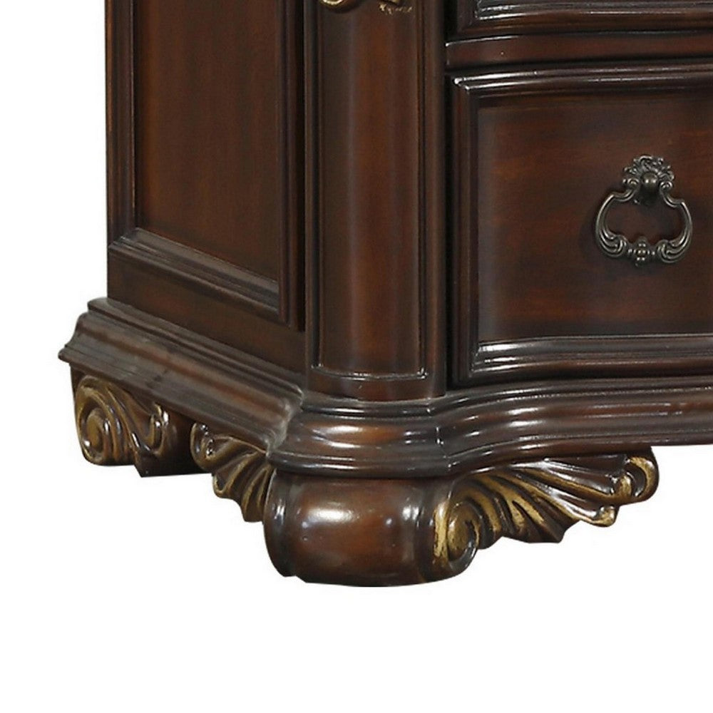 3 Drawer Nightstand with Carved Pilaster and Bracket Feet, Cherry Brown - BM219079