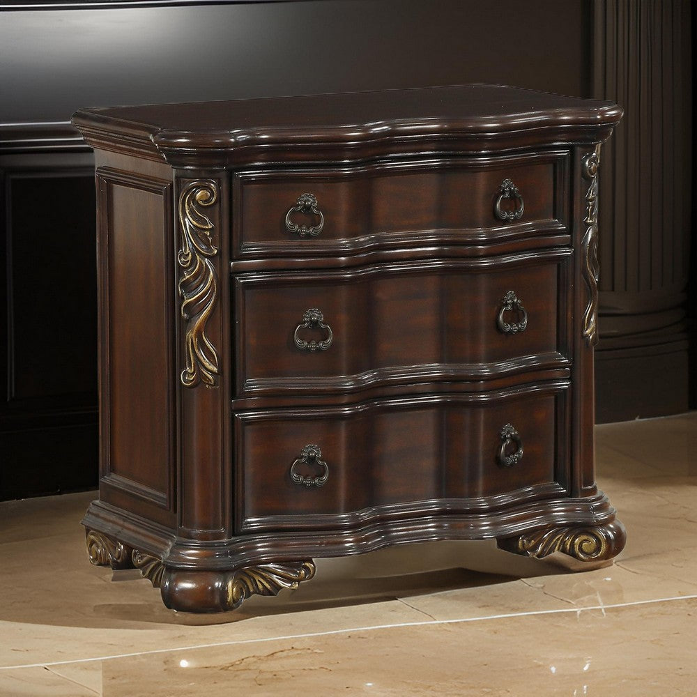 3 Drawer Nightstand with Carved Pilaster and Bracket Feet, Cherry Brown - BM219079