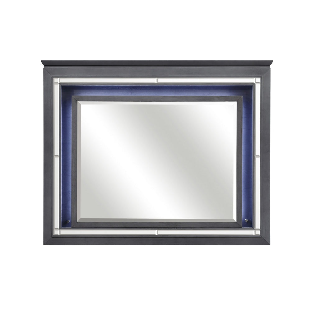 Contemporary Style Beveled Edge Mirror with LED Light, Gray and Silver  - BM219082