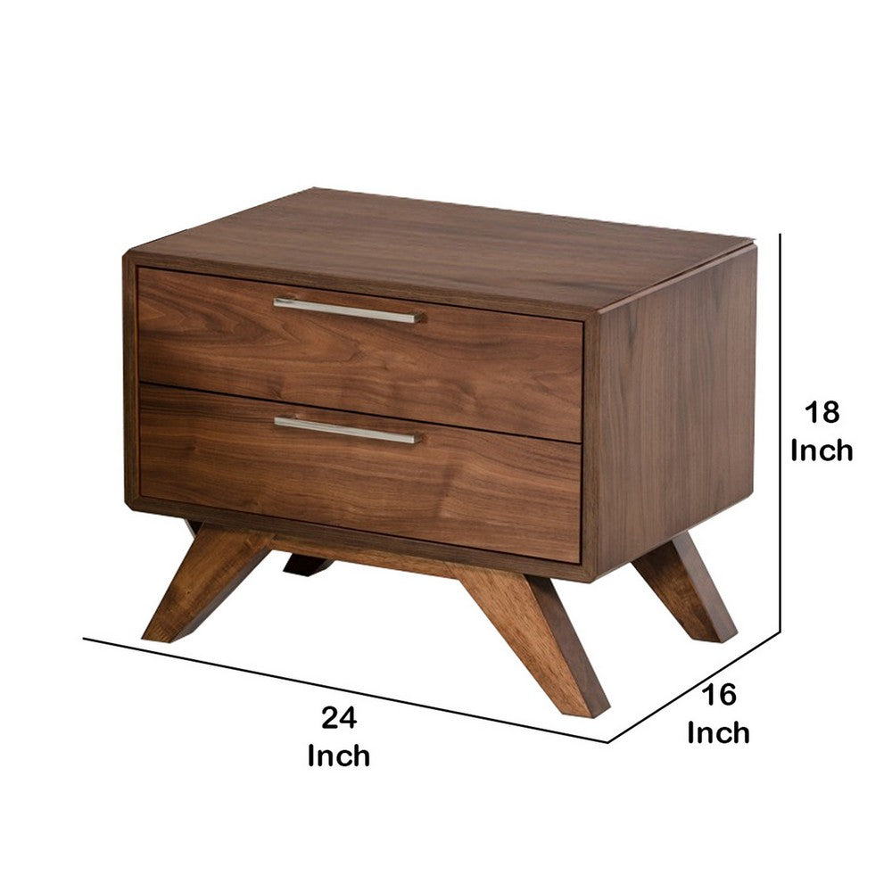 2 Drawer Wooden Nightstand with Metal Bar Handles and Angled Legs, Brown - BM219286