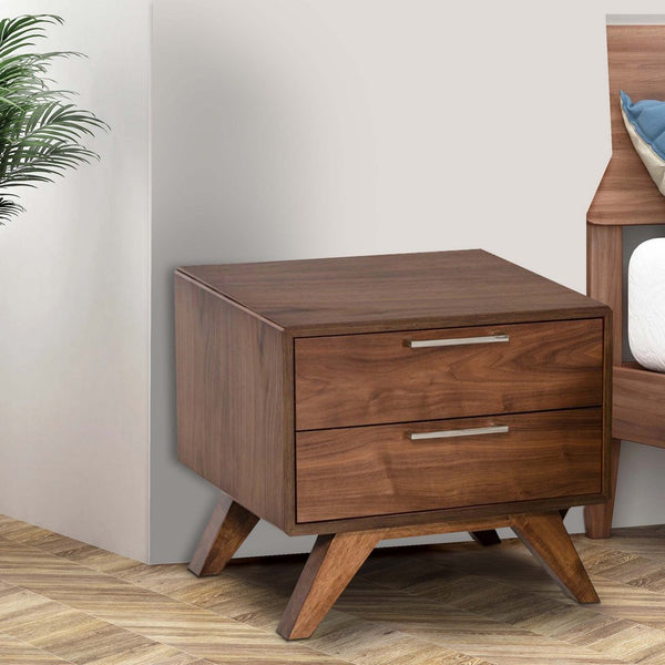 2 Drawer Wooden Nightstand with Metal Bar Handles and Angled Legs, Brown - BM219286