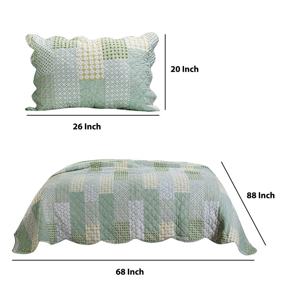 Reversible Fabric Twin Size Quilt Set with Geometric Pattern Motif, Green - BM219433