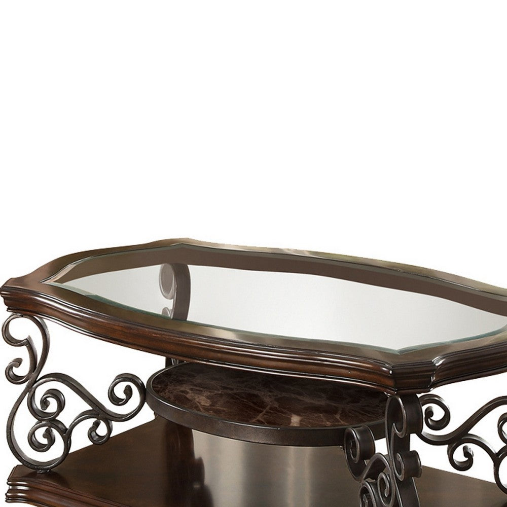 Tempered Glass Top Wooden Coffee Table with Ornate Metal Scrollwork, Brown - BM219595