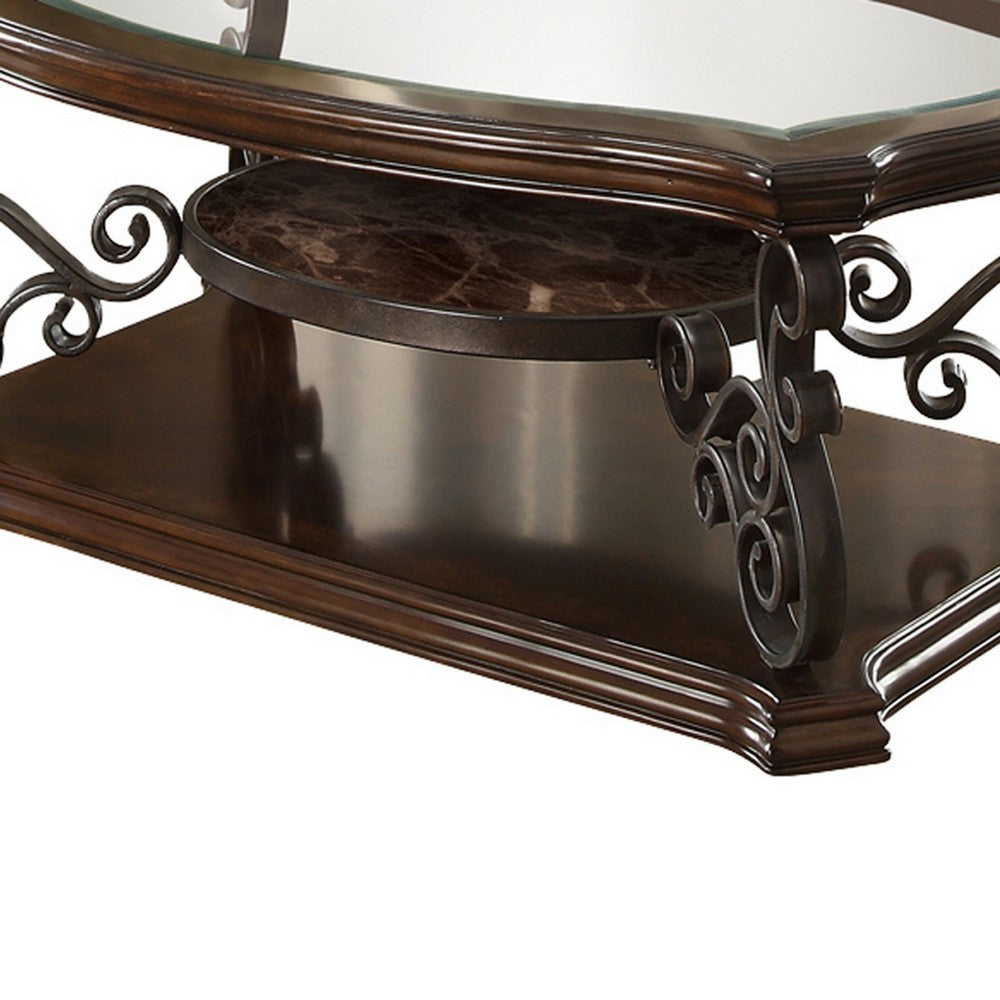Tempered Glass Top Wooden Coffee Table with Ornate Metal Scrollwork, Brown - BM219595