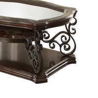 Tempered Glass Top Wooden Coffee Table with Ornate Metal Scrollwork, Brown - BM219595