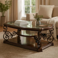 Tempered Glass Top Wooden Coffee Table with Ornate Metal Scrollwork, Brown - BM219595