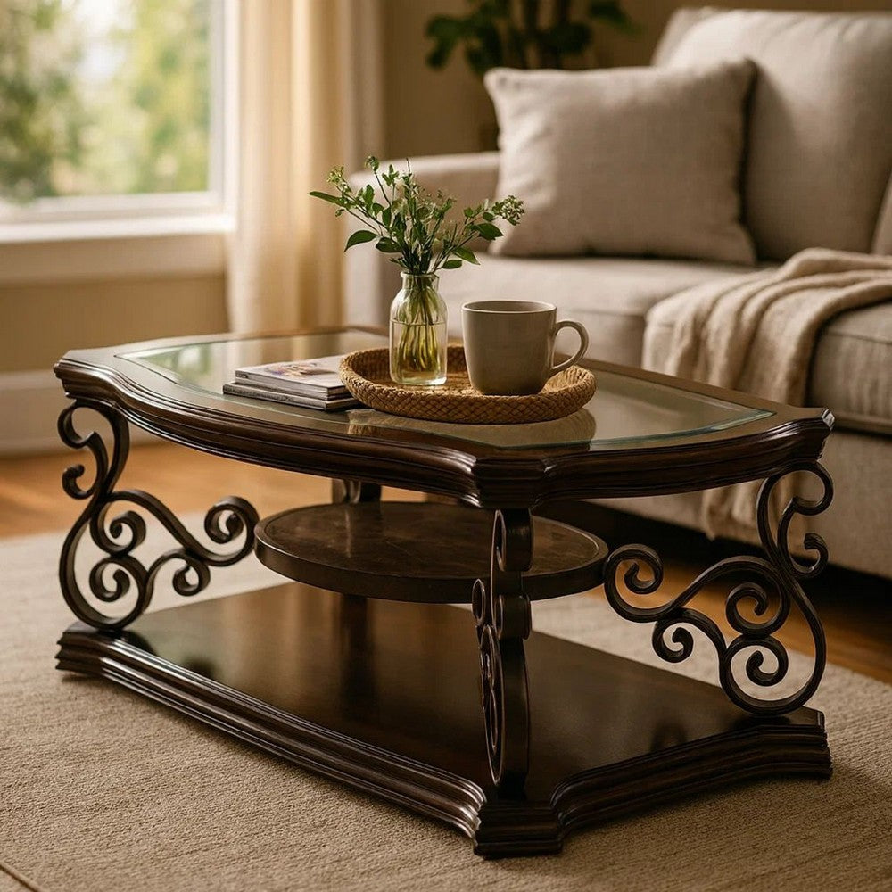 Tempered Glass Top Wooden Coffee Table with Ornate Metal Scrollwork, Brown - BM219595