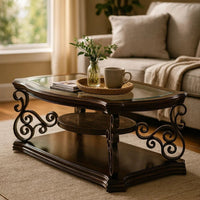 Tempered Glass Top Wooden Coffee Table with Ornate Metal Scrollwork, Brown - BM219595