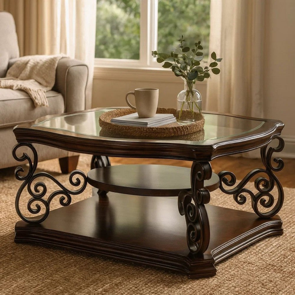 Tempered Glass Top Wooden Coffee Table with Ornate Metal Scrollwork, Brown - BM219595