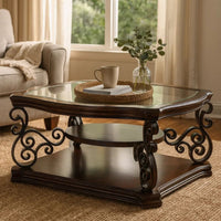 Tempered Glass Top Wooden Coffee Table with Ornate Metal Scrollwork, Brown - BM219595