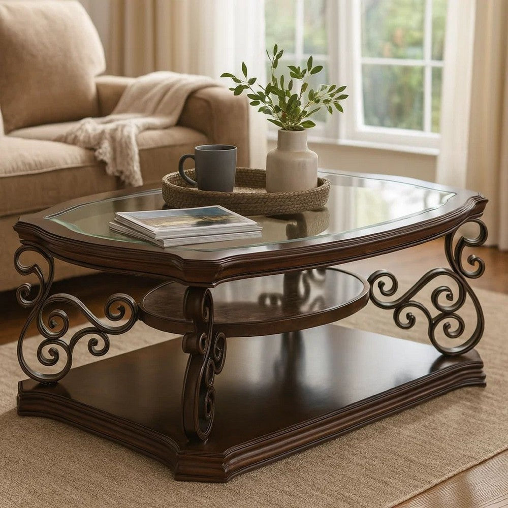 Tempered Glass Top Wooden Coffee Table with Ornate Metal Scrollwork, Brown - BM219595