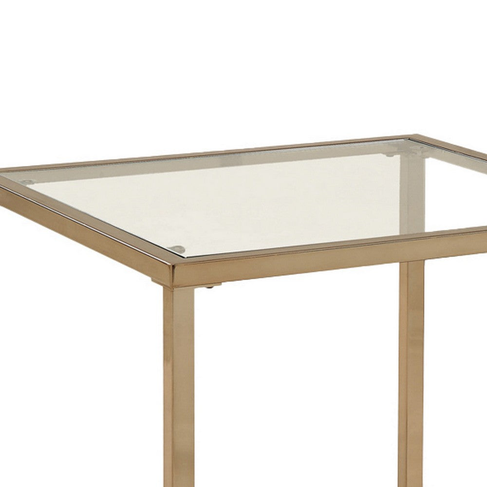 Glass Top End Table with Metal Frame and Open Shelf, Brass - BM219607