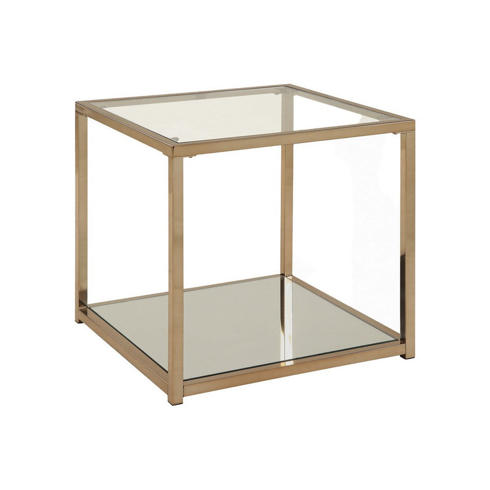 Glass Top End Table with Metal Frame and Open Shelf, Brass - BM219607