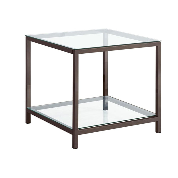 Glass Top End Table with Metal Frame and Open Shelf, Nickel - BM219614