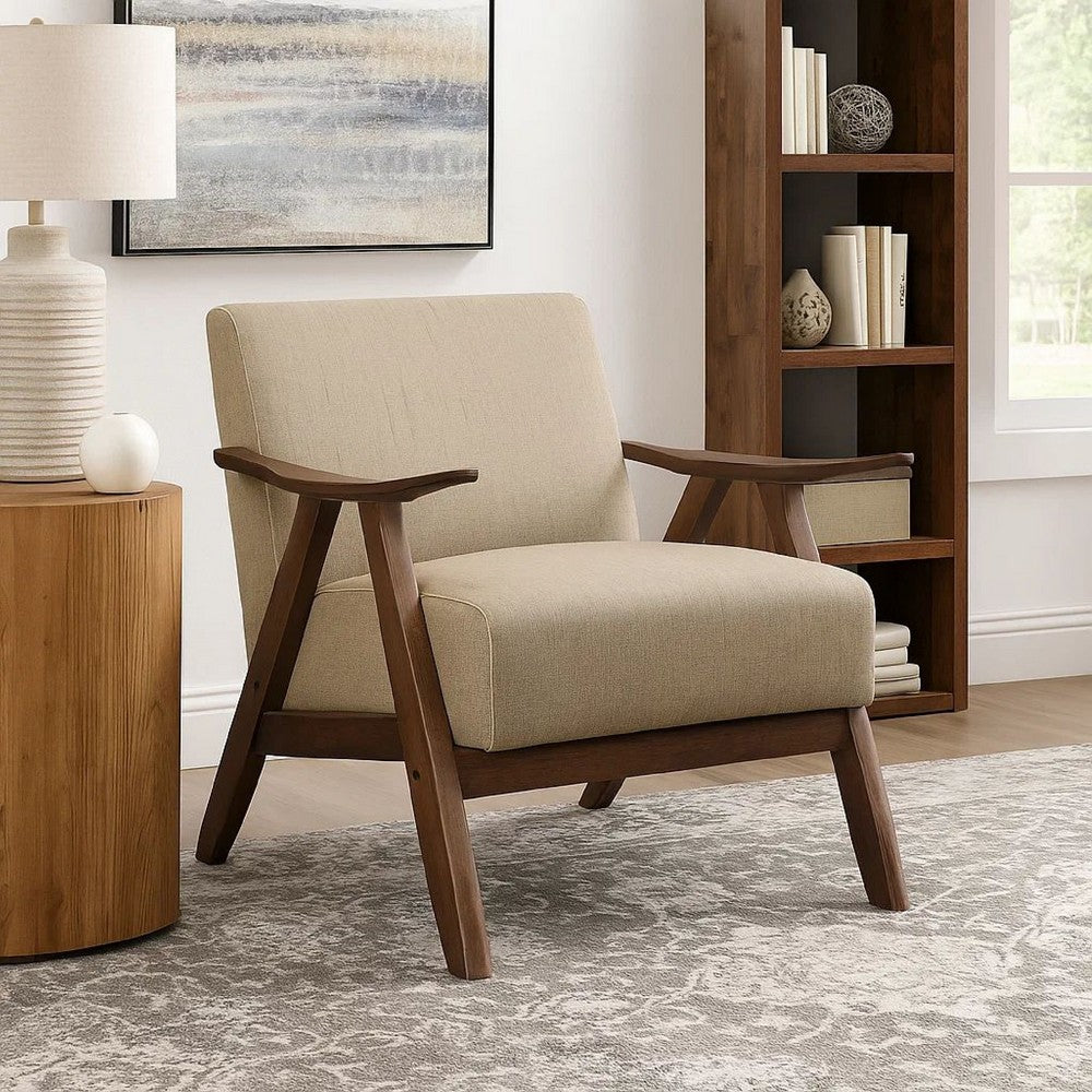 Fabric Upholstered Accent Chair with Curved Armrests, Light Brown - BM219772